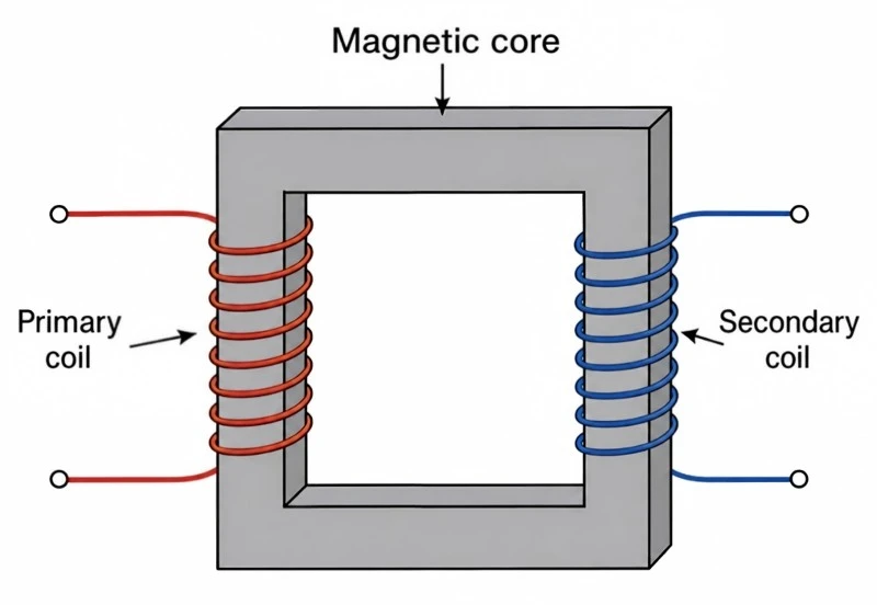 Diagram showing primary coil, magnetic core, and secondary coil in an electrical transformer Diagram showing primary coil, magnetic core, and secondary coil in an electrical transformer